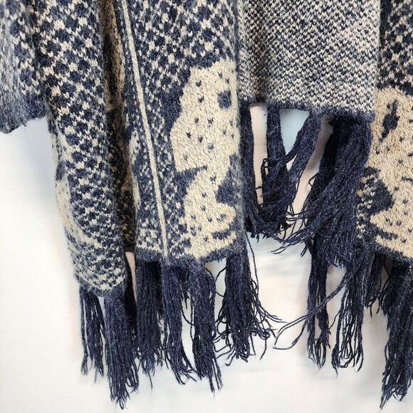 En Ceme Fringe Cardigan Poncho Sweater Size M Relaxed Fit Blue Long Sleeve Boho - Picture 10 of 16